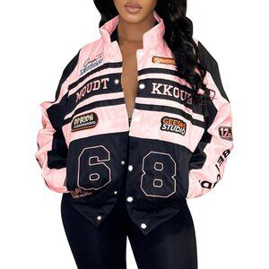 Women Varsity Jacket Motorcycle Racer Detachable Letter Graphic Jackets Pink